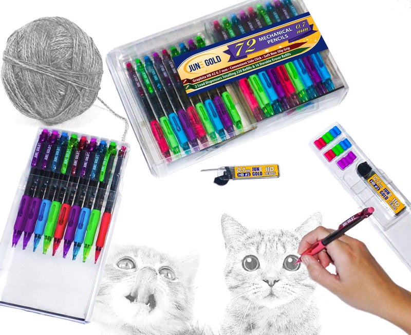 June Gold 72 Mechanical Pencils, 0.7 mm HB #2 Lead, 2 Dispensers/w 220 Graphite Refills & 16 Refill Erasers, Break Resistant Lead, Convenient Side Click & Soft Non-Slip Grip - Image 4